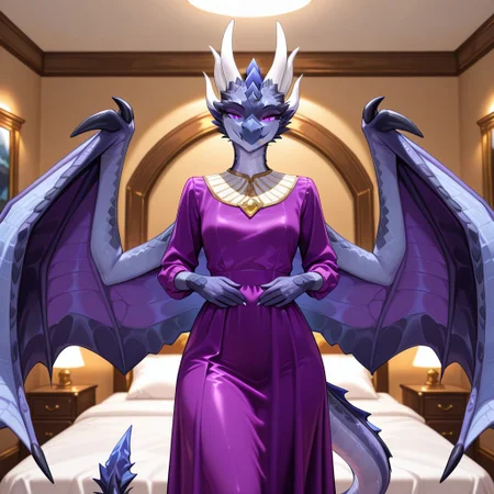 1girl, highres, absurdres, newest, masterpiece, best quality, furry, furry_female, raszageth_wc, dragon, scales, wings, horns, tail, wyvern, purple eyes, hands, 1girl, anthro, (purple dress, modest dress, standing, hands on waist), smile, seductive smile,, luxurious detailed room, bright room, day scene, professional lighting, white bed, solo, bedroom, smiling, seductive, looking_at_viewer, masterpiece, close up, safe