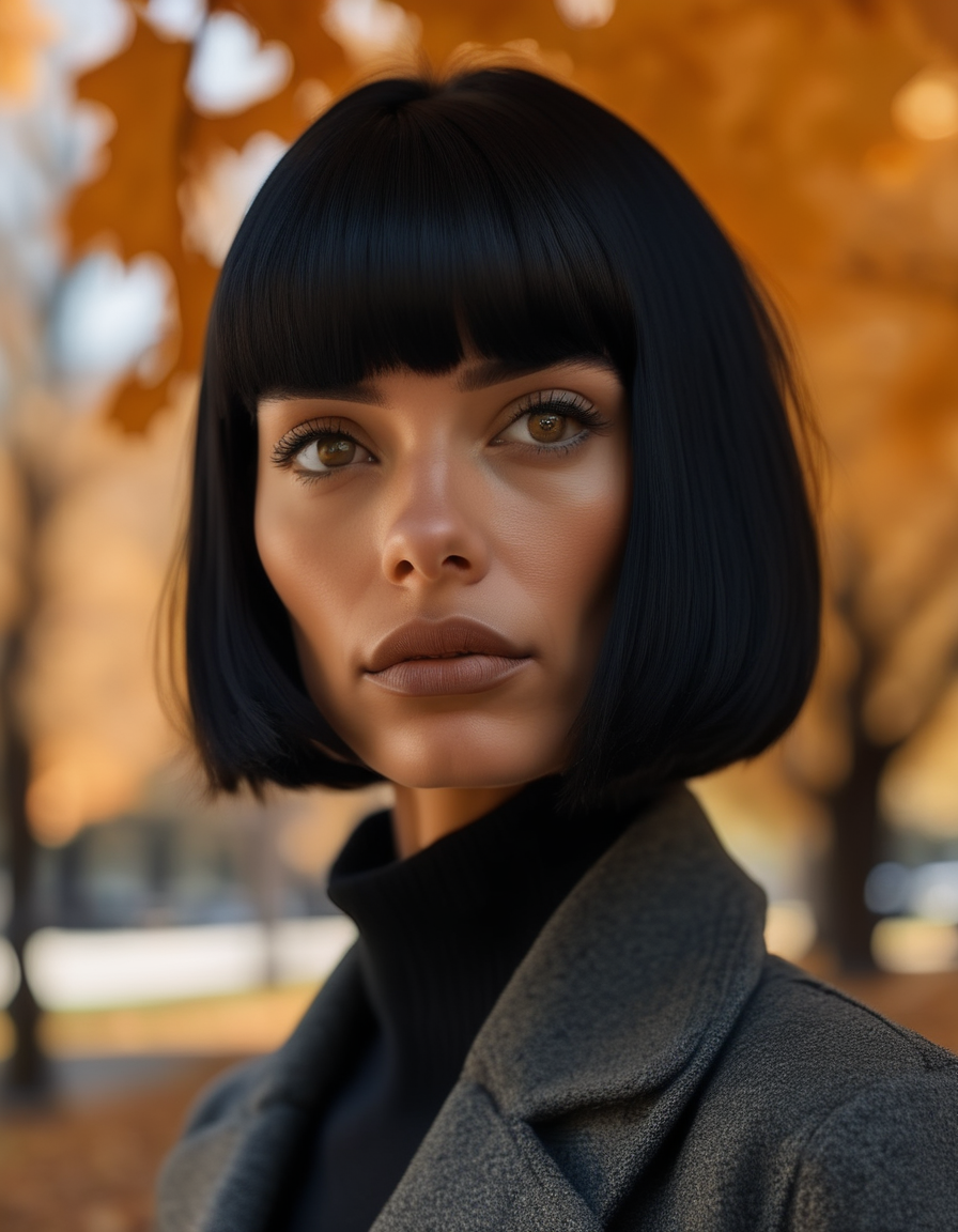 A portrait of a model with a sleek, raven-black bob, her sharp features softened by her warm, brown eyes. Sheâs standing in a city park, the autumn leaves falling around her, her expression thoughtful and introspective. <lora:usual-portrait-v2:1>