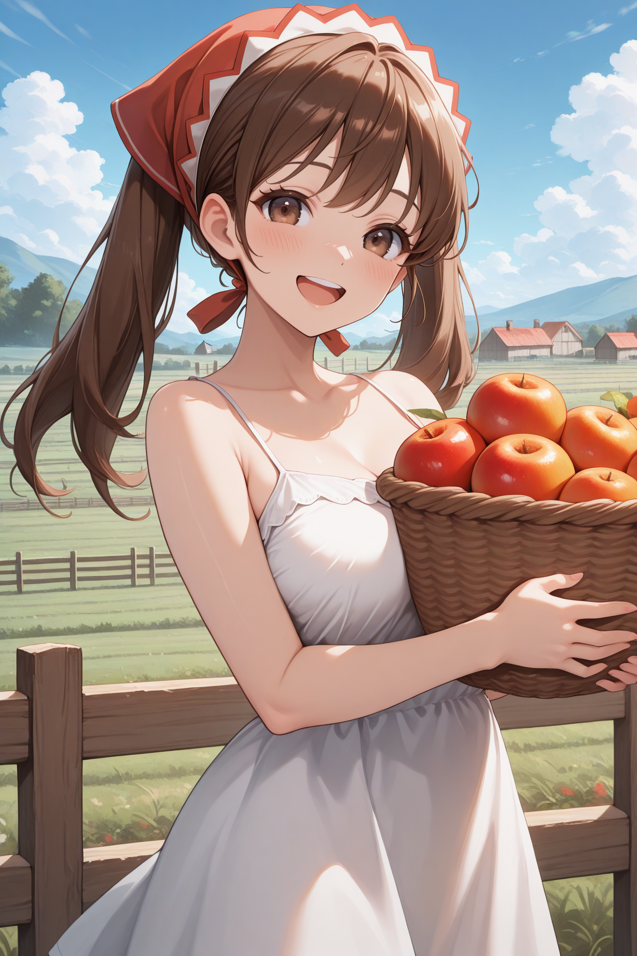 masterpiece, best quality, 1girl, solo, <lora:vcalicia-illu-nvwls-v1-000006:1> vcalc, twintails, brown hair, long hair, brown eyes, red headscarf, white sundress, holding basket of fruit, looking at viewer, smile, blush, upper teeth only, fence, blue sky, clouds, farm, countryside, breasts, spaghetti straps