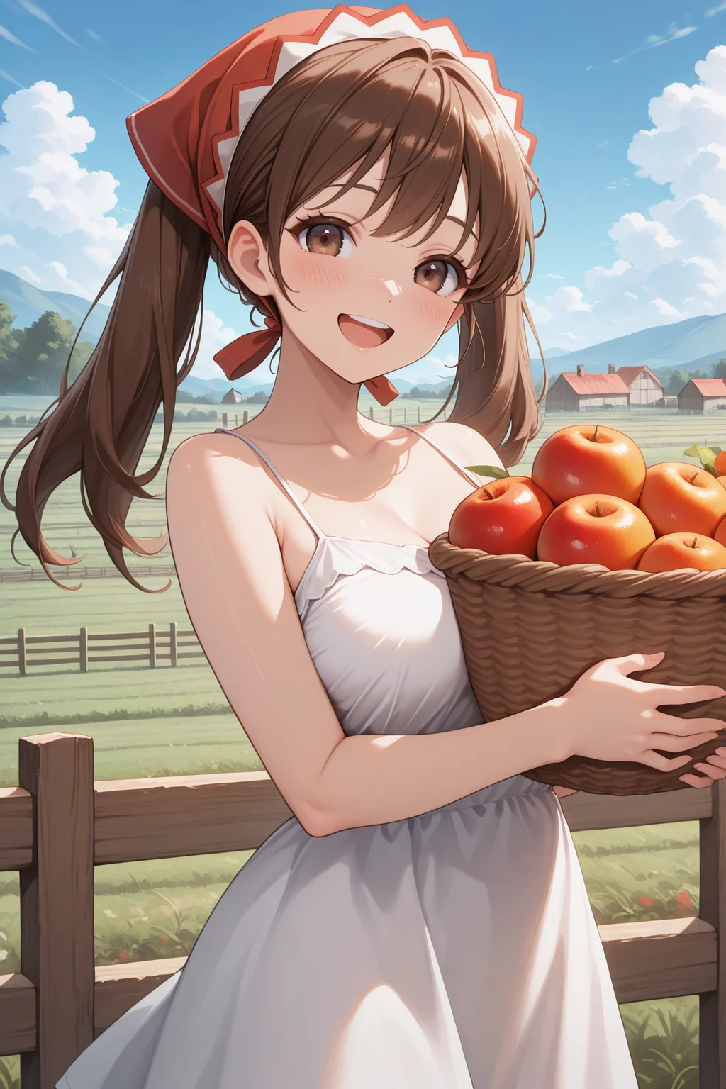 masterpiece, best quality, 1girl, solo, <lora:vcalicia-illu-nvwls-v1-000006:1> vcalc, twintails, brown hair, long hair, brown eyes, red headscarf, white sundress, holding basket of fruit, looking at viewer, smile, blush, upper teeth only, fence, blue sky, clouds, farm, countryside, breasts, spaghetti straps