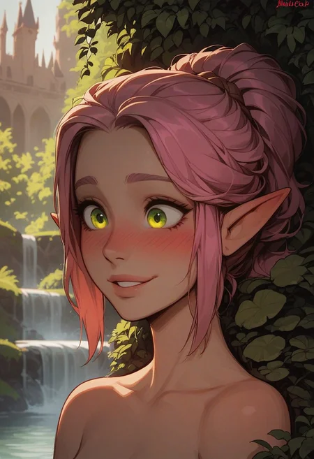 score_9, score_8_up, score_7_up, score_6_up, Expressiveh,
very aesthetic, (elf, elf woman), cute, sexy, hot, blush, flushed, blushing, forests, greenery, godrays, bokeh:1.2, pink ponytail, pink hair, hair tendrils on either side of her face, sexy expression, seductive face, head tilted slightly down, small breasts, nude, shy, batting her eyelashes, perfect eyelashes, seduction, seductive eyes, creek, waterfall, smile, happy, (perfect eyes:1.3, wide eyes, detailed eyes, amazing eyes, green eyes, beautiful green eyes), (face focus, face), (intense dark red blush:1.5), (shy smile:1.4), arched back, white brick arch, Rivendell, she glows, glowing, castle built into the rock:1.4