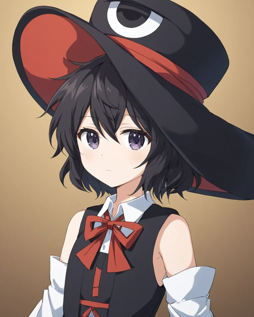 enraku tsubakura,top_hat, androgynous, red_ribbon, 1other, solo, black_headwear, neck_ribbon, large_hat, detached_sleeves, bowtie, sleeveless, closed_mouth, expressionless, white_sleeves, shirt
<lora:enraku_tsubakura_image217_fp16_2024-01-03:1>,star-shaped_pupils,symbol-shaped_pupils,. gorgeous,key visual, vibrant, studio anime,award-winning, professional, highly detailed,high budget, cinemascope