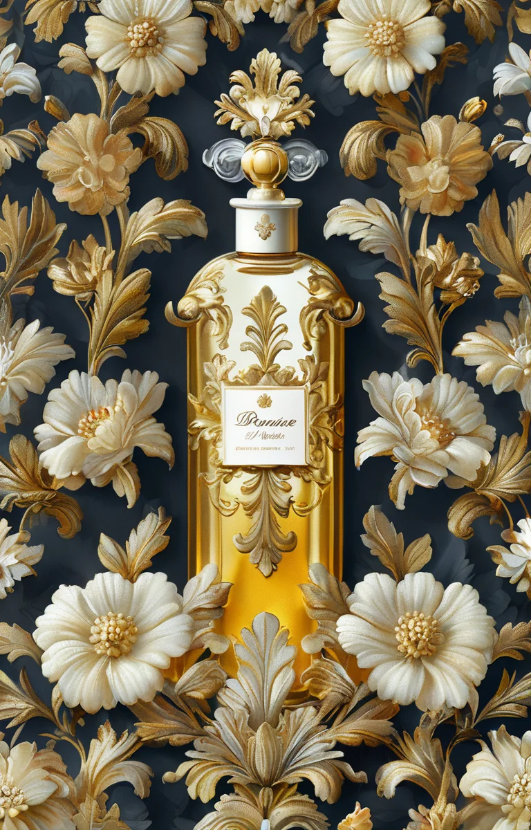 masterpiece,best quality,<lora:tbh354-sdxl:0.75>,illustration,style of Baroque patten A bottle of perfume in garden