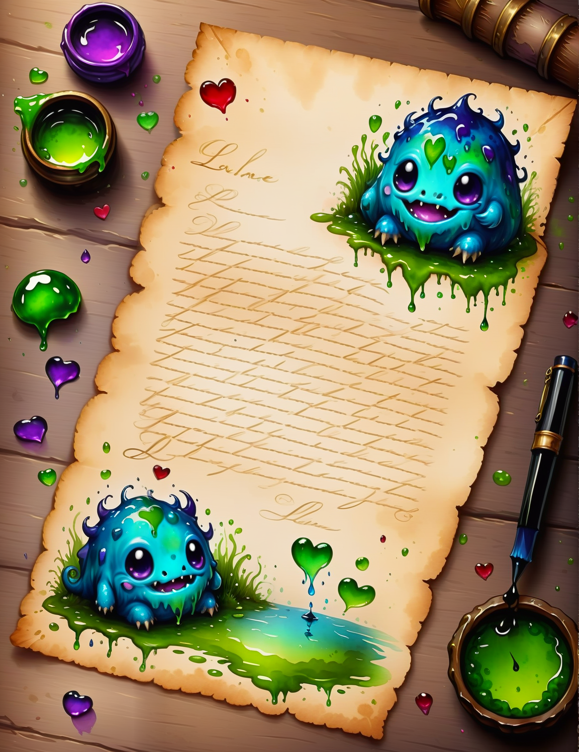 a love letter from an adorable slime monster<lora:SDXLInkStainsFinal:1> Inkstains, high quality, beautiful,  highly detailed, 8k, fantasy