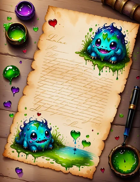 a love letter from an adorable slime monster<lora:SDXLInkStainsFinal:1> Inkstains, high quality, beautiful, highly detailed, 8k, fantasy
