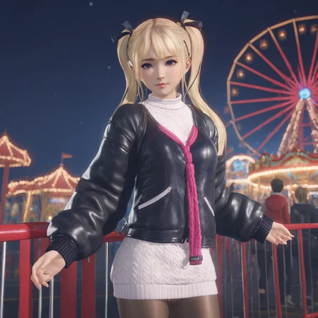 masterpiece, best quality, 1girl, shirt,  blonde hair, twintails,sweater, pantyhose, jacket,  dof, cinematic lighting, wind lift, amusement park, at night, , looking at viewer,  <lora:marie_rose1-000008:0.7>