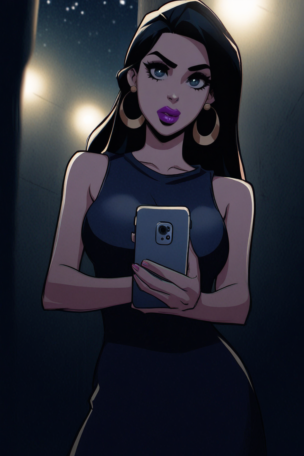 masterpiece, good quality, best quality, very awa, very as2, absurdres, highres, 
 <lora:CherryMouseStreetStyleIlluLYCO:1>1girl, lipstick, makeup,  nose, lips, solo, earrings, looking at viewer
full body, outside, holding smartphone, dark, at night, stars, cowboy shot, under street light