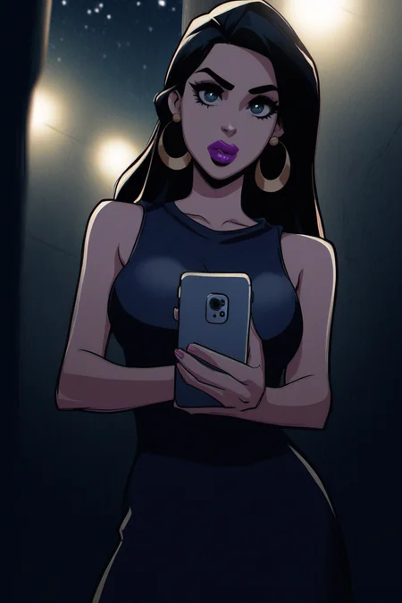 masterpiece, good quality, best quality, very awa, very as2, absurdres, highres, 
 <lora:CherryMouseStreetStyleIlluLYCO:1>1girl, lipstick, makeup,  nose, lips, solo, earrings, looking at viewer
full body, outside, holding smartphone, dark, at night, stars, cowboy shot, under street light
