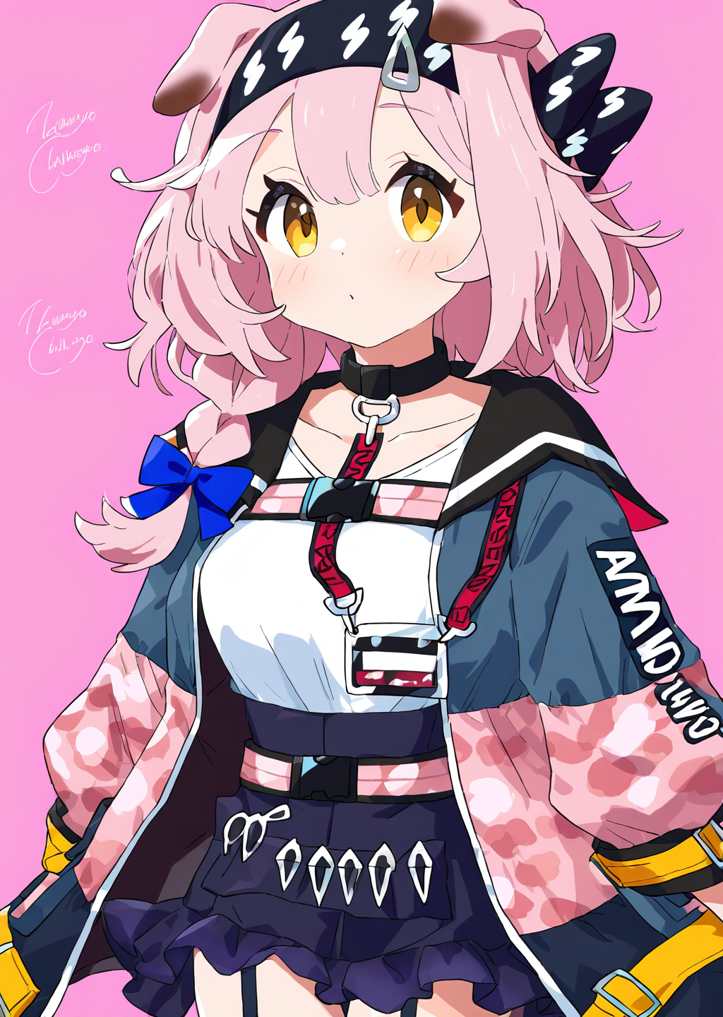 <lora:zetsuyochimayo241029:1>,1girl,looking at viewer,simple background,cowboy_shot,goldenglow \(arknights\),pink background,