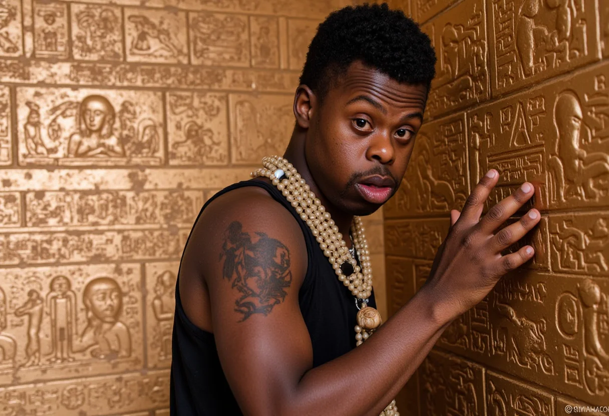 Down syndrome, a portrait of a fit rapper with Down syndrome deciphering hieroglyphs in an ancient pyramid.  No watermark, no signature, no logo, no deformed hands.