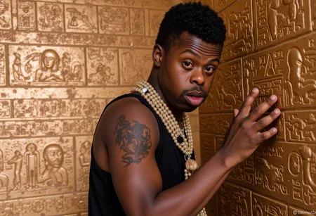 Down syndrome, a portrait of a fit rapper with Down syndrome deciphering hieroglyphs in an ancient pyramid. No watermark, no signature, no logo, no deformed hands.