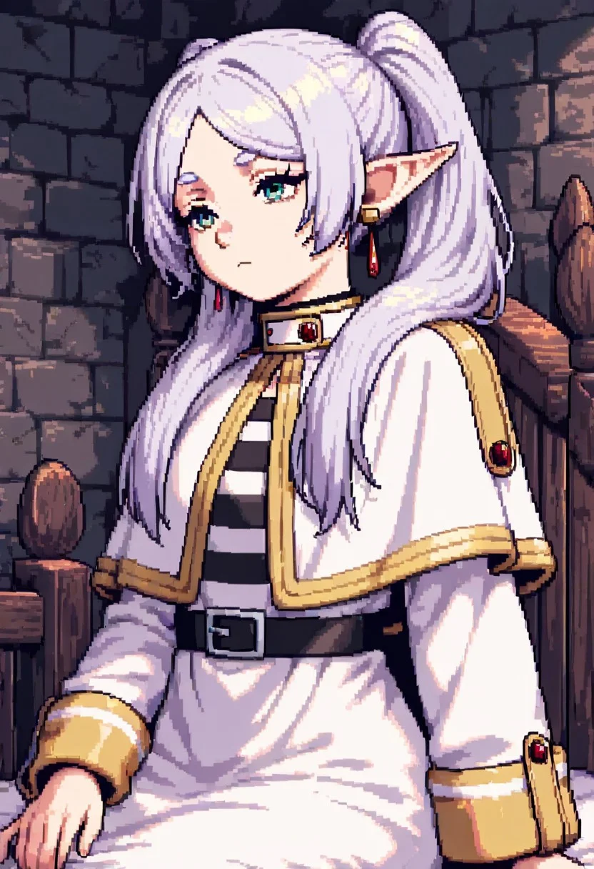 masterpiece, best quality, newest, absurdres, highres, DPAV1.0, pixel art, 
1girl, frieren, elf, pointy ears, pigtails, white robe,