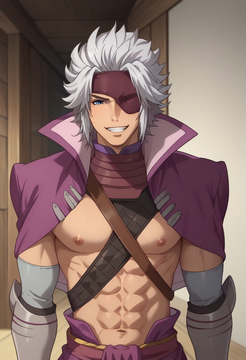 score_9, score_8_up, score_7_up, source_anime, highly detailed, 
Motochika, 1boy, male focus, solo, grey hair, aged up, medium hair, blue eyes, eyepatch, jacket, purple jacket, jacket over shoulders, arm armor, gloves, abs, belt, shoulder belt, upper body, grin
outdoor,