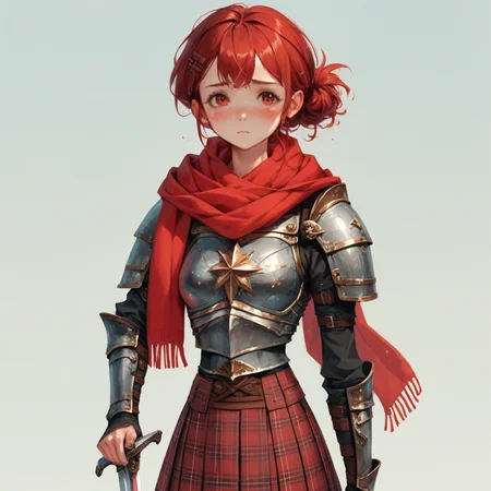 score_9, score_8_up, score_7_up, score_6_up, score_5_up, score_4_up, A redheaded woman wearing a kilt, slim, shy, (red_hair:1.6), skinny, kilt, highlanders, Scottish, scarf, red_scarf, holding_sword, (black_armor:1.4)