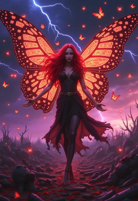 A mysterious figure with flowing red hair and butterfly-like wings adorned with fiery patterns hovers over a battlefield littered with broken weapons and petals. Their haunting gaze meets the viewer as crimson butterflies erupt around them, blending with the fiery horizon. The background transitions into a stormy sky, streaked with flashes of violet lightning,
bo-christmas