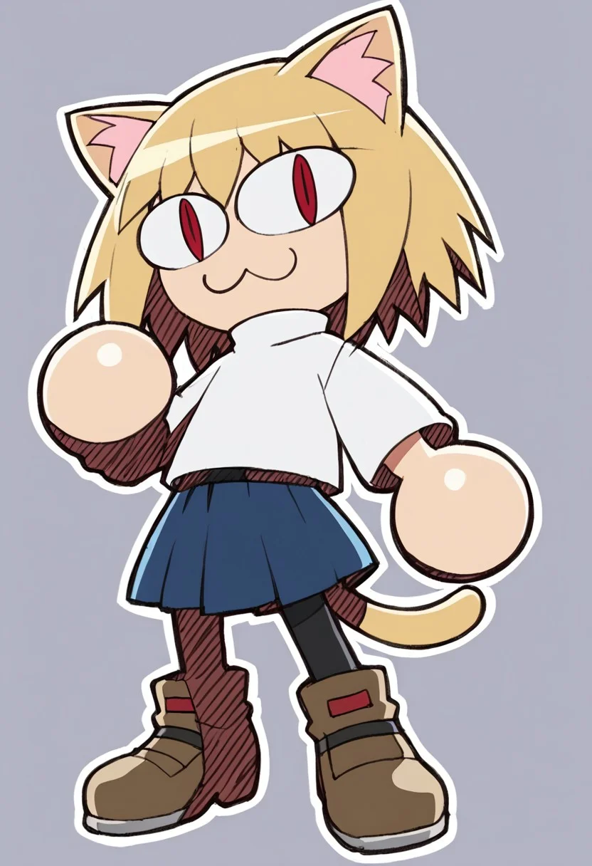 score_9, score_8_up, score_7_up, white outline, vivid colors, simple background, Riders, shading, score_9, verybadimagenegative_v1.3, EasyNegativeV2, necoarc, blonde hair, red eyes, slit pupils, cat ears, :3, chibi, turtleneck, white shirt, blue skirt, pleated skirt, pantyhose, brown footwear, turtleneck, white shirt, purple skirt, pantyhose