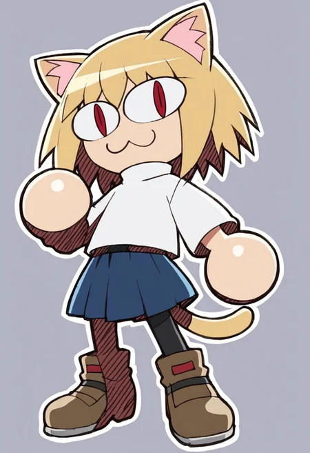 score_9, score_8_up, score_7_up, white outline, vivid colors, simple background, Riders, shading, score_9, verybadimagenegative_v1.3, EasyNegativeV2, necoarc, blonde hair, red eyes, slit pupils, cat ears, :3, chibi, turtleneck, white shirt, blue skirt, pleated skirt, pantyhose, brown footwear, turtleneck, white shirt, purple skirt, pantyhose