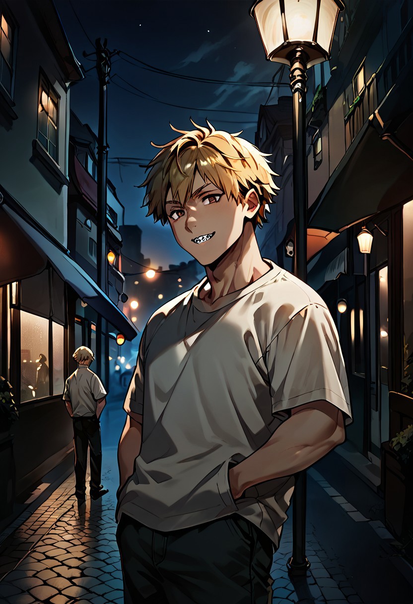 score_9, score_8_up, score_7_up, score_6_up,night, under light,1boy, denji, short hair, blond hair, brown eyes, sharp teeth, hands inside pockets, city, under street lamp, street lamp, light and shadows by reij-shdwgms,dark theme, low light,