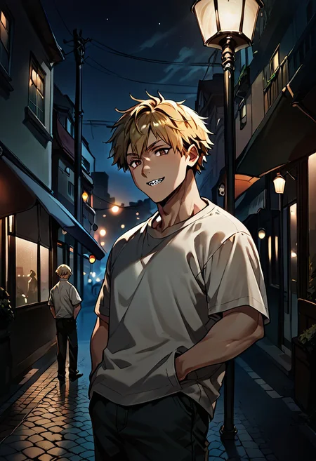 score_9, score_8_up, score_7_up, score_6_up,night, under light,1boy, denji, short hair, blond hair, brown eyes, sharp teeth, hands inside pockets, city, under street lamp, street lamp, light and shadows by reij-shdwgms,dark theme, low light,