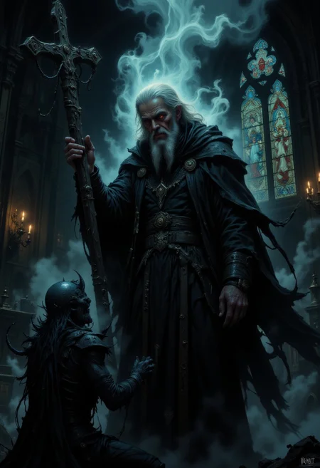 DGC style digital illustration, Magic style,
Close-up."An eerie, dark gothic scene depicting an elderly, haunted priest in an ancient, dimly lit cathedral. The priest, dressed in tattered black robes, holds a weathered cross, with an expression of grim determination and sadness. His eyes glow ominously red, adding an uncanny and disturbing quality. Thick, billowing smoke surrounds him, and faint candlelight illuminates the stained glass windows in the background, casting ethereal colors into an otherwise dark atmosphere. In front of him, a grotesque figure or monstrous creature kneels, partially obscured by shadows and a smoky haze, evoking a sense of dread and despair."