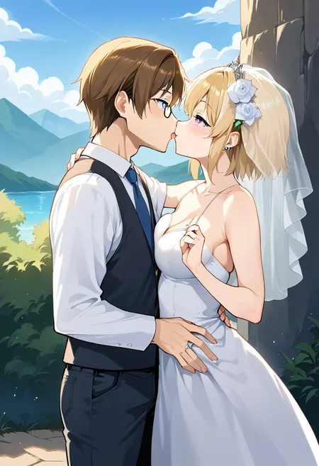 score_9, score_8_up, score_7_up, score_6_up, score_5_up, score_4_up, highres, 1boy, 1girl, c4n6y marrying 43r0n,
BREAK
1girl, c4n6y, blonde hair, pink eyes,
BREAK
1boy, 43r0n, brown hair, blue eyes,
BREAK
wedding dress, black wedding suit, happy, kissing, golden ring, ring finger, ring on finger, outside, cliff edge, wedding scene, flower arch, source_anime, ntm,