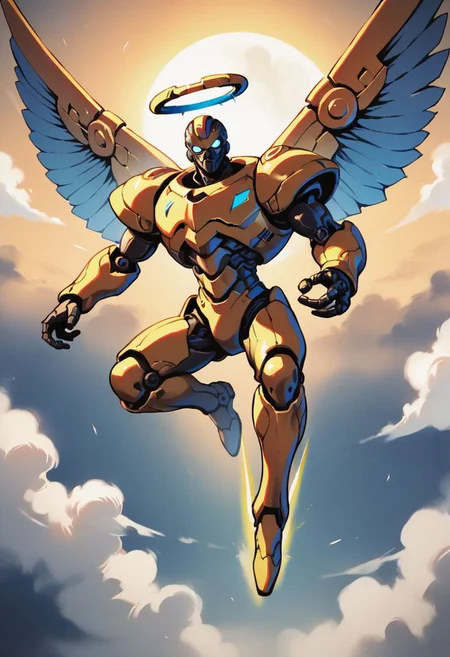 score_9, score_8_up, score_7_up,score_6_up, score_5_up, score_4_up,source_anime,retro artstyle,halftone effect,epic,intricate linework,solo,no humans,a biomechanical golden armored angel with energy wings and a mechanical halo and a robotic head and tubes and mechanical joints and glowing blue eyes holding a lance and flying in the sky,sky,flying,clouds,full body,1boy,creature