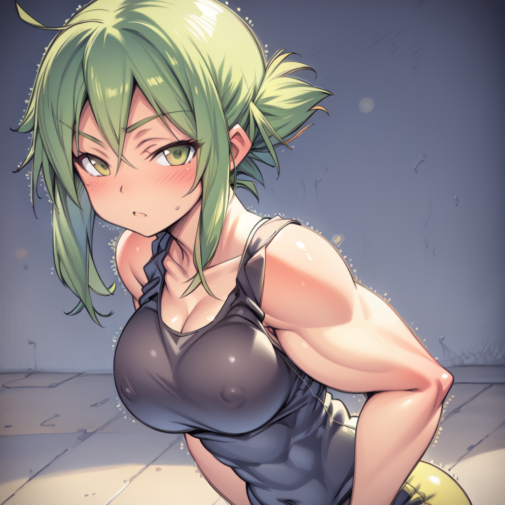 <lora:MuscleMommyLoraV1.0-000007:1>, muscle_mommy, green hair, tank top, gym background