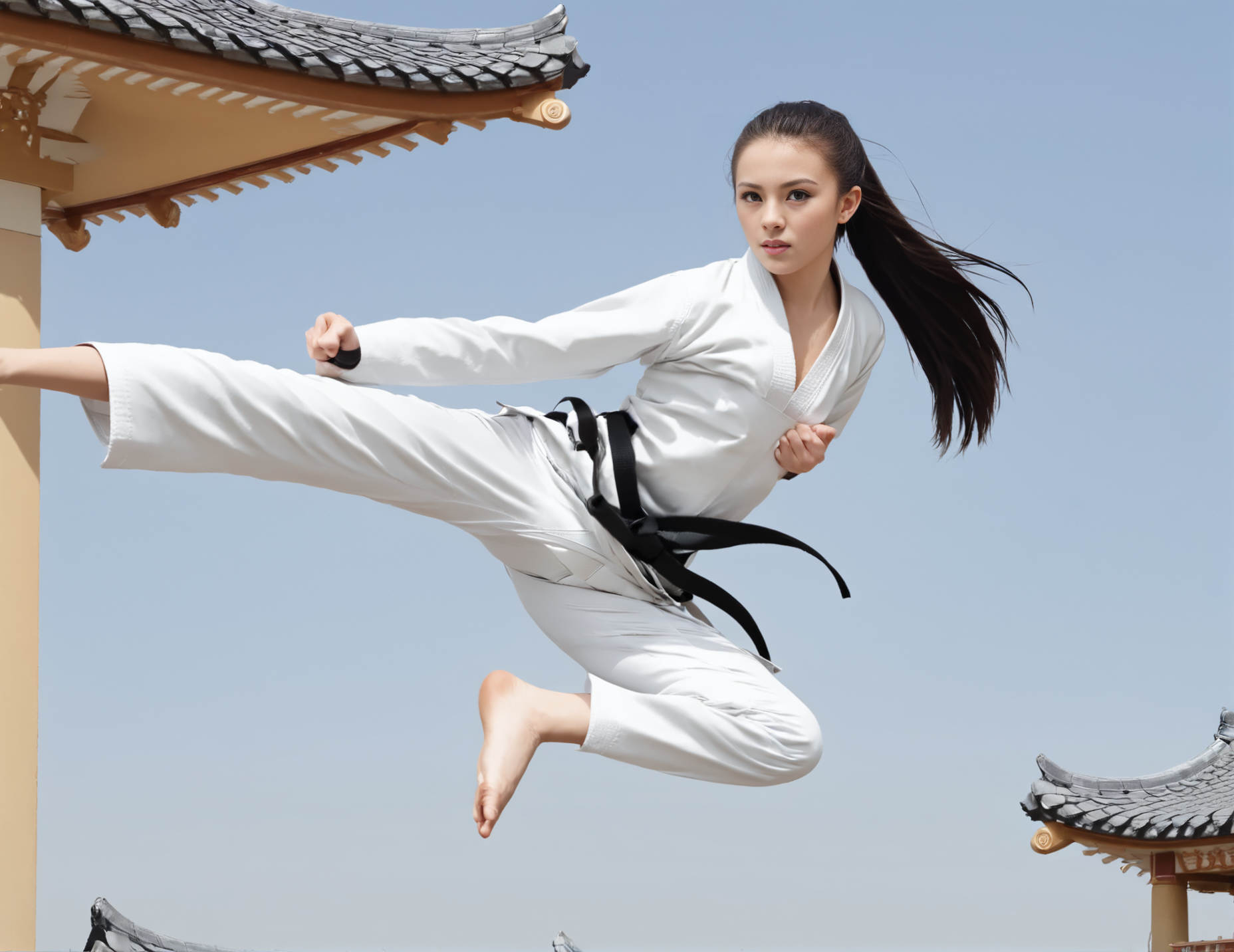 jusiki, side view, (slim 25yo woman) doing a jump sidekick in front of a pagoda. the girl wears white karate uniform, black belt and has long brunette straight hair <lora:JumpedSideKick-000007:1>