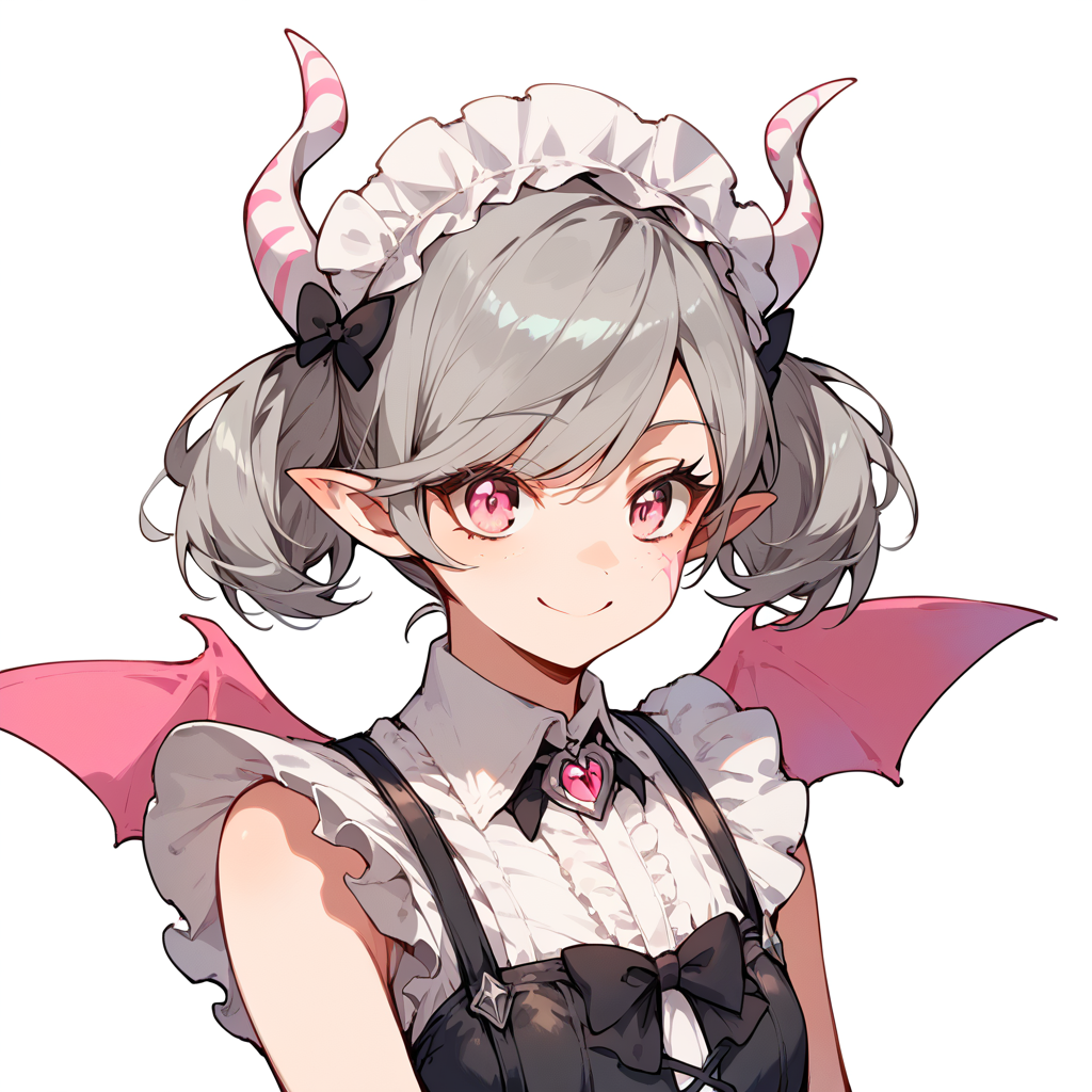 score_9, score_8_up, score_7_up,
simple background, smile,
1girl, solo, ariane, grey hair, short twintails, pink eyes, maid headdress, horns, mini demon wings, pointy ears, 
 <lora:ariane_pony_v1:0.7>