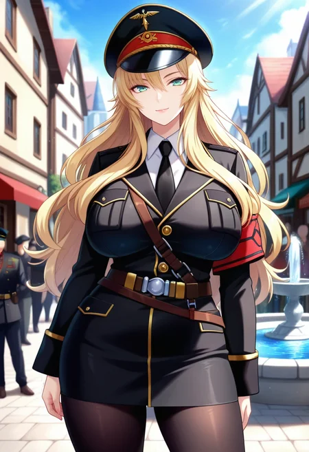 masterpiece, best quality, amazing quality,eliza, green eyes, blonde hair, long hair, mature female, 1girl, solo, military uniform, breasts, black tie, belt, military hat, large breasts, peaked cap,red armband, black pantyhose, black skirt, white shirt, black jacket, closed mouth, light smile, standing, looking at viewer, cowboy shot, town, medieval, building, fountain, blurry background, people, day, blue sky <lora:elizaV1:0.8>