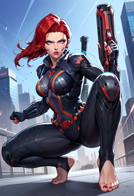 Score_9, score_8_up, score_7_up, pov+ feet closeup+ , action lines, image ,solo, woman, nice eyes, kicking the viewer, barefoot, widowmarvelrivals++, widowredhair, scifi battlesuit, 1girl, weapon, solo, red hair, breasts, medium breasts, black bodysuit, lips, at city , dark theme, doing acrobatic moves