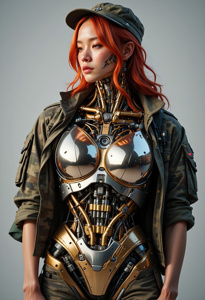 ajchrobo. A photorealistic 3D render of a feminine robot with vibrant copper-red fiber optic hair and artificial freckles scattered across her mechanical face. She strikes a confident military pose, wearing a modern digital camouflage combat uniform with rolled-up sleeves revealing her luxurious tri-metal exoskeleton. Her frame combines polished gold plating, mirror-finished silver components, and brushed titanium panels that create stunning light reflections. Her tactical jacket is partially unzipped, showing glimpses of her mechanical chest where the three precious metals interweave in complex patterns. Hydraulic pistons in chrome silver contrast with golden joint mechanisms and titanium structural elements. The metallic surfaces are immaculately polished, creating dramatic reflections and highlights. Her synthetic freckles glow softly against the metallic face plates, complementing her red hair that peeks out from under her tactical cap. Combat boots and utility pouches complete her military aesthetic. Artificial directional lighting creates dynamic reflections across the multiple metallic surfaces. Shot from a slightly low angle, with a shallow depth of field focusing on her upper body while softly blurring the background.