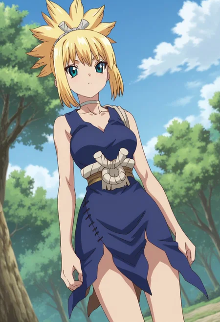 score_9, score_8_up, score_7_up, score_6_up, BREAK 1girl, kohaku,  blonde hair, solo, ponytail, dress, sandals, sky, blue dress, blue eyes, tree, day, cloud, outdoors, blue sky,standing, looking at viewer, cowboy shot, dutch angle