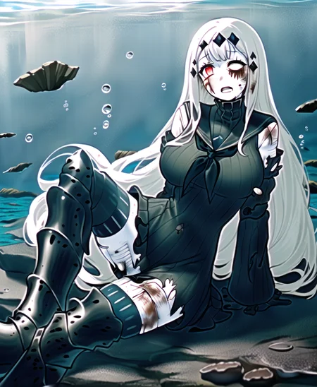 nsfw, masterpiece, best quality, best anatomy, digital art, Intricately designed illustration, aircraft carrier water oni, 2 legs, lying, (sleeping), closed mouth, (((((damaged, torn dress, injury, scratches)))), 1girl, solo, colored skin, pale skin, white skin, red eyes, white hair, long hair, ((hair ornament)), large breasts, frills, ribbed black dress, sailor dress, black gloves, detached sleeves, bare shoulders, (zettai ryouiki, thighhighs), (((bulky armored knee boots, high heel boots))), (((dark abyss, ocean floor, seaweed, jagged rocks, air bubbles)))