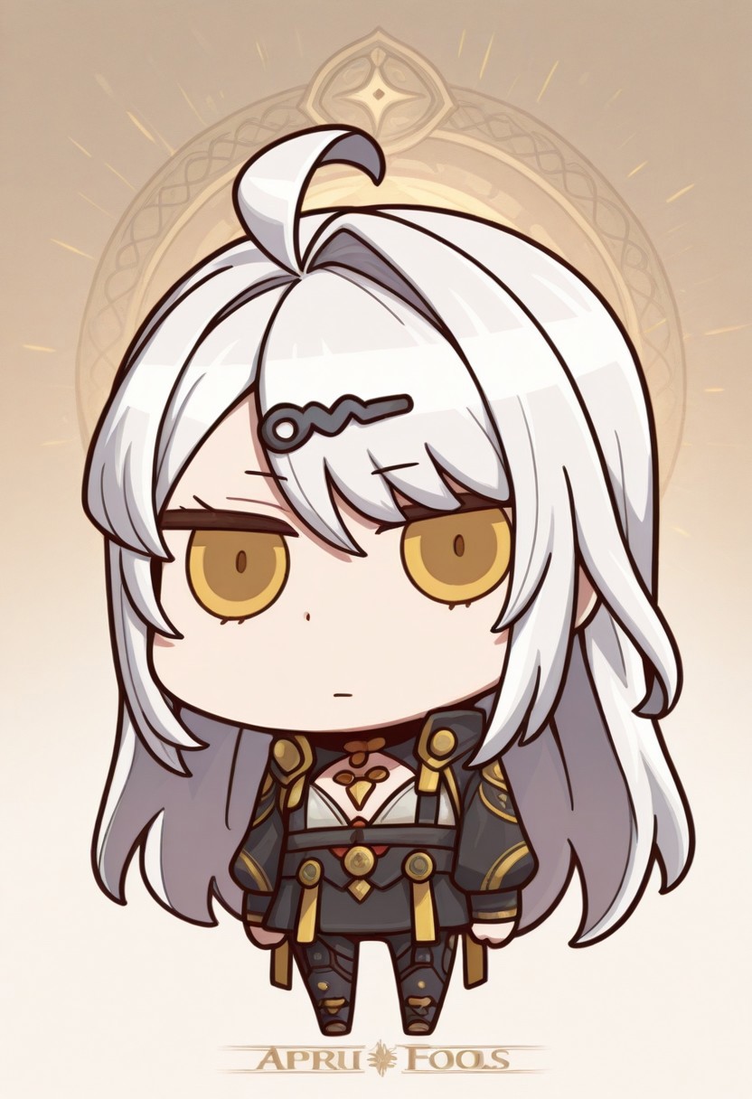 april fools, chibi, masterpiece, best quality, full body, looking at viewer, expressionless, yxn, yellow eyes, white hair, very long hair, ahoge, swept bangs, single hair intake, sidelocks, hairclip