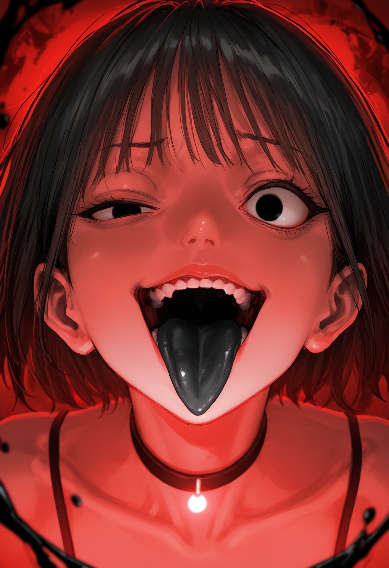 glowing theme, red theme, multicolored background, blue theme, 1girl, :/, bags under eyes, solo, black eyes, choppy bangs, black choker, (sanpaku:1.25), lips, nose, smug, tongue out, black tongue, detailed tongue, looking at viewer, (blurry foreground:1.2), (blurry background:1.2), (dynamic perspective:1.2), (strong depth of field:1.2),  crazy eyes, uneven eyes, one eye half-closed, 
very awa, best quality, highres, masterpiece,
<lora:nhl-002-nai:1.0>