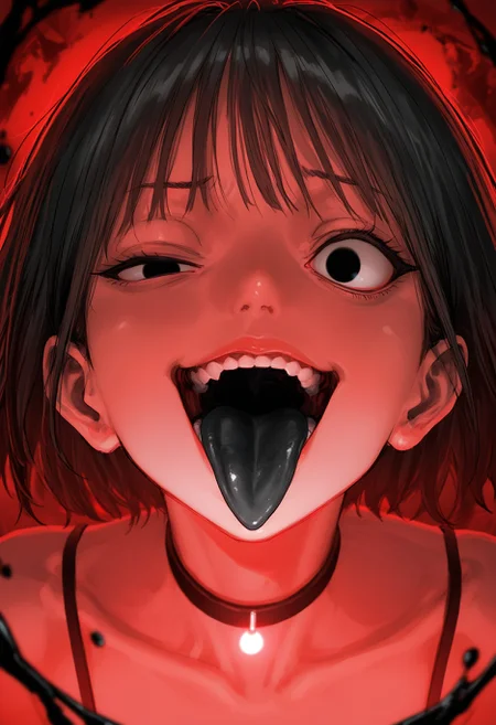 glowing theme, red theme, multicolored background, blue theme, 1girl, :/, bags under eyes, solo, black eyes, choppy bangs, black choker, (sanpaku:1.25), lips, nose, smug, tongue out, black tongue, detailed tongue, looking at viewer, (blurry foreground:1.2), (blurry background:1.2), (dynamic perspective:1.2), (strong depth of field:1.2), crazy eyes, uneven eyes, one eye half-closed,
very awa, best quality, highres, masterpiece,
<lora:nhl-002-nai:1.0>