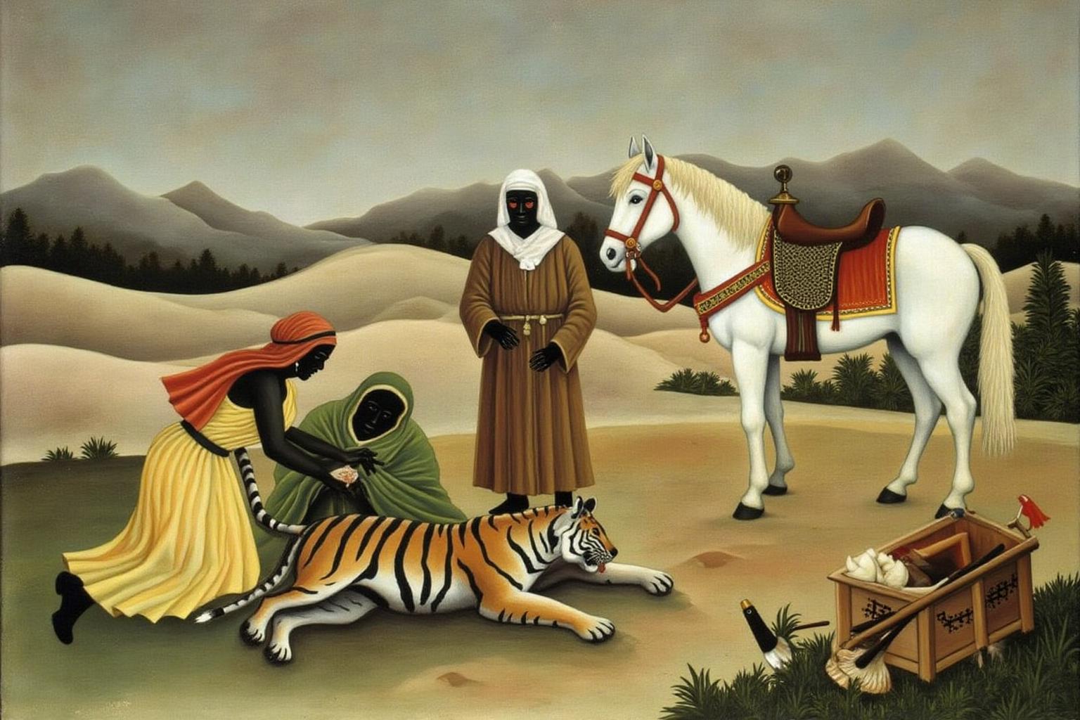 henrirousseau2 painting painting depicting a desert scene with three figures and a white horse. The setting is an arid landscape with rolling sand dunes and distant mountains under a muted sky. One woman in a flowing yellow dress and red headscarf is holding onto a lifeless tiger, while another figure, draped in a green shawl, kneels beside it. A third figure, wearing a brown robe and a white head covering, stands solemnly in the background. A decorated white horse with a red saddle is positioned to the right, near a wooden box and scattered hunting tools. <lora:henrirousseau2_cap_d6a3:1.0><lora:833925187075316322:0>