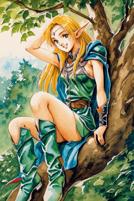 1girl,pointy ears,solo,long hair,elf,armor,tree,sitting,blonde hair,cape,boots,green eyes,circlet,in tree,1990s (style),armpits,smile,traditional media,watercolor \(medium\),<lora:Haruhiko Mikimoto_XL_V2:0.8>,
