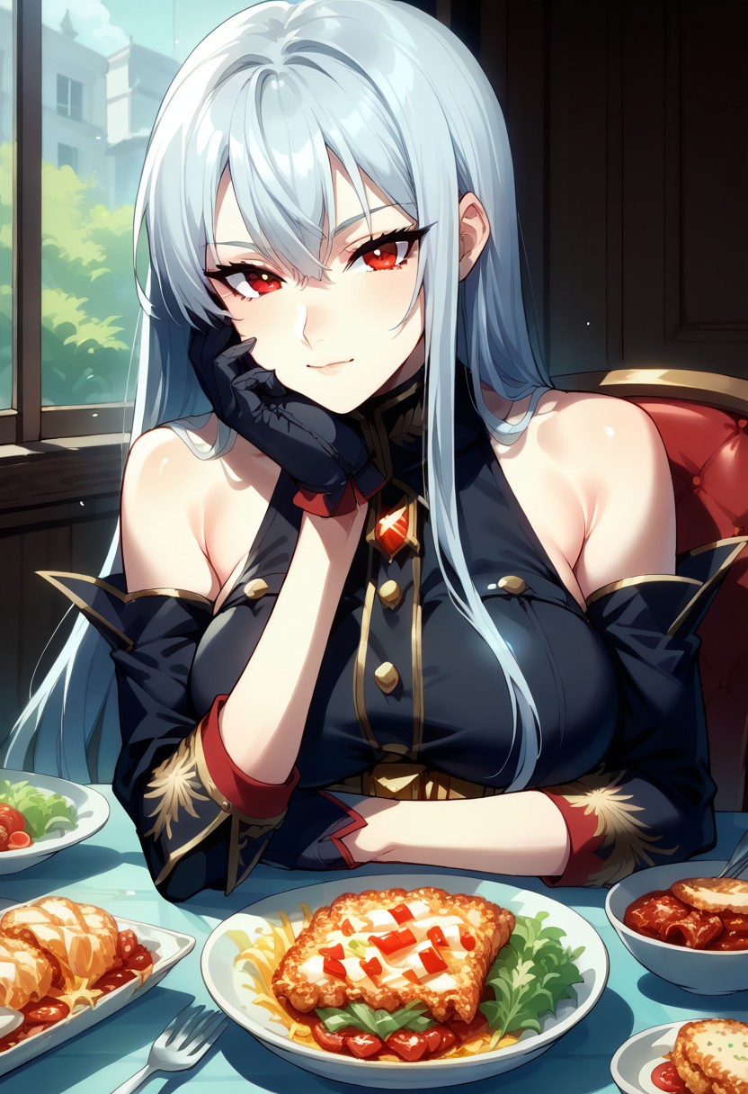 masterpiece,best quality,score_9, score_8_up, score_7_up, score_6_up, source_anime, BREAK 1girl, <lora:selvaria-pdxl-nvwls-v1-000005:1> selvaria, very long hair,(light smile,closed mouth,looking at viewer),(black shirt, bare shoulders, belt, black leggings, detached sleeves, black gloves),(female focus),(dinner,sitting,head rest,hand on chin),(indoor,1long table,chair,window),(food focus,typical german food)