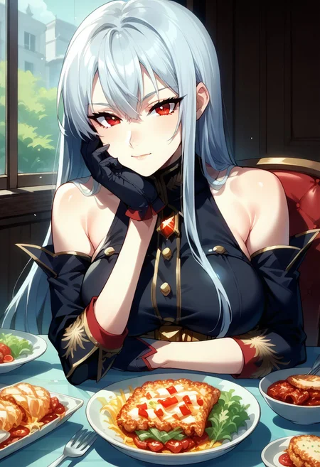 masterpiece,best quality,score_9, score_8_up, score_7_up, score_6_up, source_anime, BREAK 1girl, <lora:selvaria-pdxl-nvwls-v1-000005:1> selvaria, very long hair,(light smile,closed mouth,looking at viewer),(black shirt, bare shoulders, belt, black leggings, detached sleeves, black gloves),(female focus),(dinner,sitting,head rest,hand on chin),(indoor,1long table,chair,window),(food focus,typical german food)