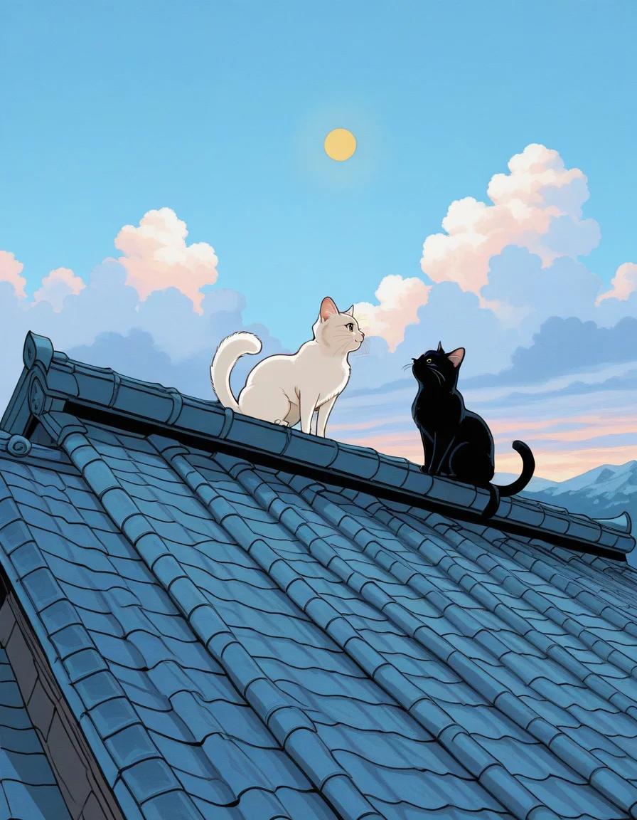 <lora:Sebi_style:0.25>, sebi style, sibylline art, colorful illustration, vintage aesthetic, ornate design, <lora:Katsura Masakazu:0.25>, Katsura Masakazu, <lora:hrn_yc:0.25>, hr2_yc_illu, <lora:PhantomILL:0.25>, ph4n,
(masterpiece, best quality, ultra-detailed, absurdres, newest, detailed textures, correct anatomy:1),
no humans, 2cats, cute white cat with a chubby body and a black cat with messy fur sitting on a roof, bask in the sunshine, detailed medieval town with traditional houses and red tiled roofs, mountains in the background, clear blue sky with fluffy white clouds and a bright yellow sun, soft pastel colors, detailed textures on the roof tiles and houses, serene and peaceful atmosphere, calm and quiet town, playful and adorable cats, charming and whimsical scene, warm and inviting, detailed and intricate, vibrant and lively, cozy and quaint, picturesque and idyllic, harmonious and balanced composition, tranquil and soothing, delightful and heartwarming, beautiful and captivating, enchanting and magical, dreamy and fantastical, imaginative and creative