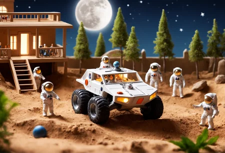 A moon-exploration fantasy with miniature astronauts & moon-buggy-toy & other moon-base toys arranged in a realistic depiction of the surface of the moon, within a backyard sandbox, background of a freshly-mowed suburban back yard at sunset., Abstraction, beautiful, moon-landscape in a rustic sandbox, miniature astronauts & moon-buggy & moon-base, backyard lawn, sunset lighting, tilt-focus, bokeh, sunset light