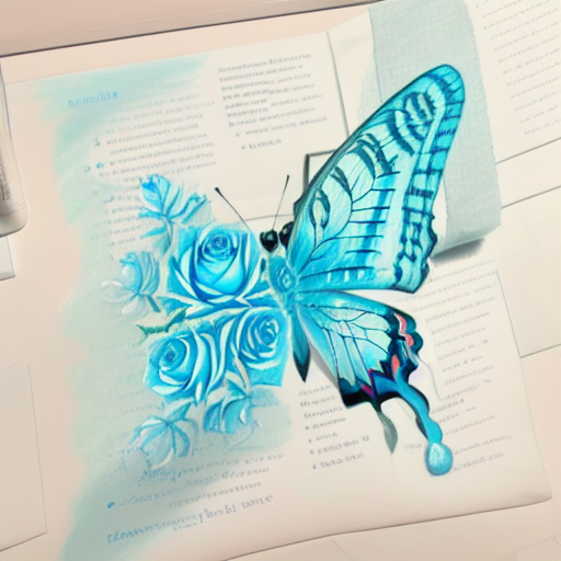 butterflyRose, rose, drawing, thin blue, paper background,