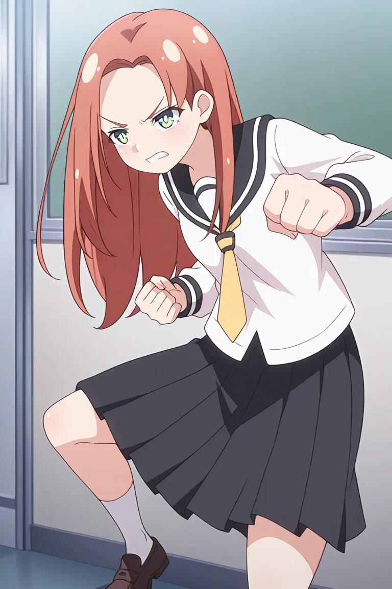 1girl, solo, kyoukolylustea, red hair, parted bangs, long hair, green eyes, white pupils, bright pupils, white shirt, black sailor collar, yellow necktie, black skirt, school, uniform, socks, loafers, clenched fists, fighting stance, angry,