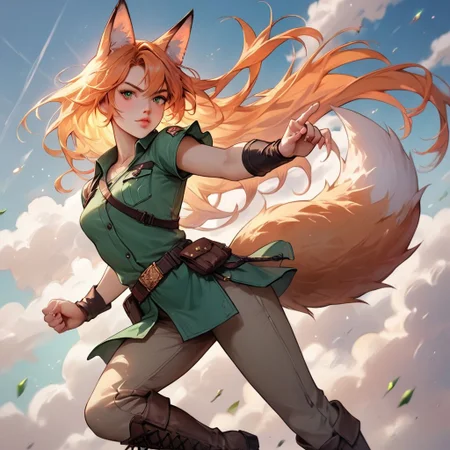 (score_9), (score_8_up), (score_7_up), (score_6_up), (score_5_up), (score_4_up), (masterpiece), best quality, detailed eyes, female, small breasts, petite, fox ears, fox tail, orange hair, green tunic, brown pants, brown boots, leather armor, action pose, ranger,