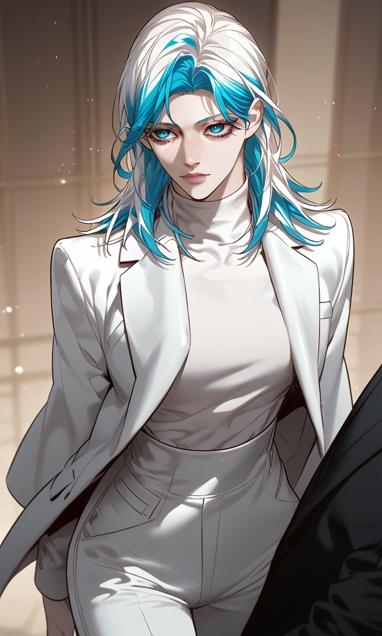 score_9, score_8_up, score_7_up, score_6_up source_anime,
vesperbryan, 1girl, solo, blue eyes, long hair, two-tone hair, blue hair, white hair, hair behind ear, breasts, pale skin, 
outfit1, white jacket, jacket, suit, white pants, formal, white shirt, boots, high heels, turtleneck,
Expressiveh