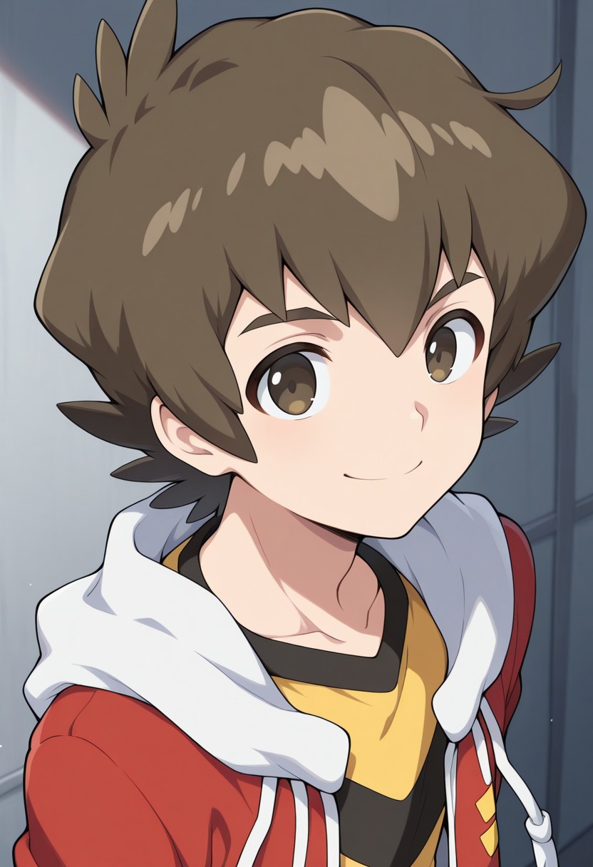 masterpiece,best quality,amazing quality, 
bayamano, 1boy, male focus, solo, brown eyes, brown hair, shirt, yellow shirt, jacket, red jacket, hood, smile,