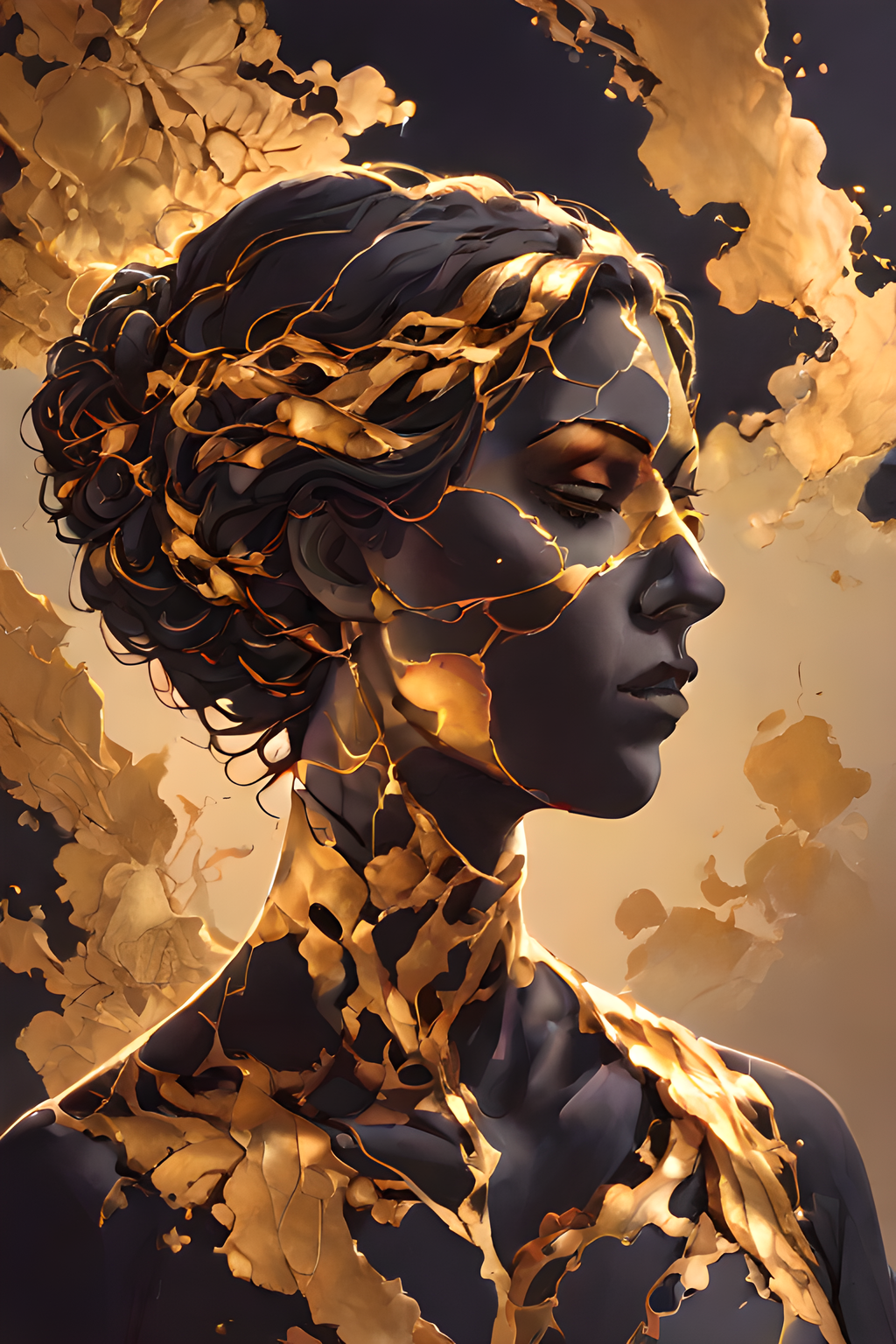zPDXLxxx, score_9, score_8_up, <lora:Turbo_XL:1>, <lora:Silhouette_with_Gold_Foil:0.7>, silhouette_with_gold_foil, abstract, 1girl, <lora:Kintsugi:1>, Kintsugi, Gold Cracks, <lora:Gold_Filigree_Style:0.5>, dskgold_filigree, gold filigree, made of gold, maximum details