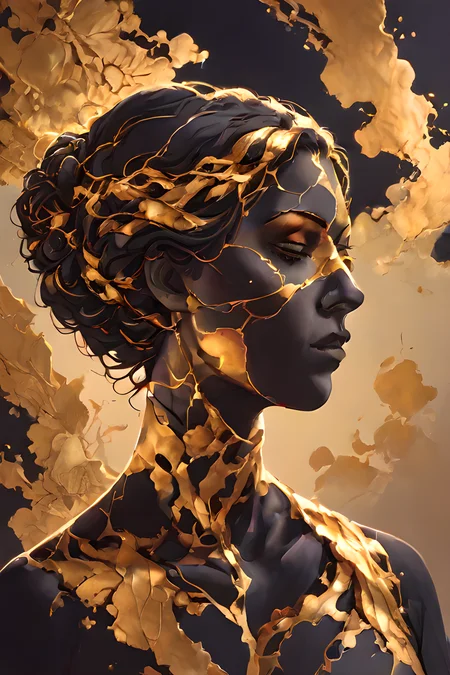 zPDXLxxx, score_9, score_8_up, <lora:Turbo_XL:1>, <lora:Silhouette_with_Gold_Foil:0.7>, silhouette_with_gold_foil, abstract, 1girl, <lora:Kintsugi:1>, Kintsugi, Gold Cracks, <lora:Gold_Filigree_Style:0.5>, dskgold_filigree, gold filigree, made of gold, maximum details